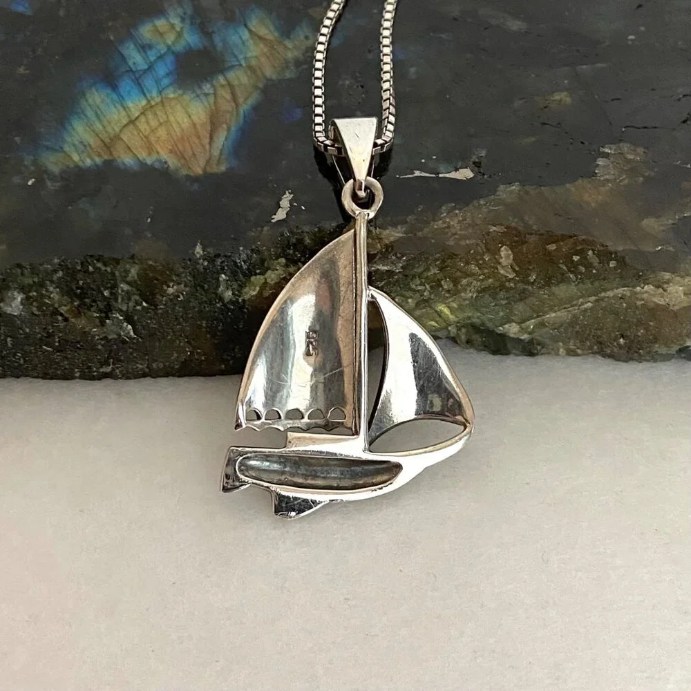 Sterling Silver 925 Unisex Sailboat Nautical Boat Pendant Necklace 20
